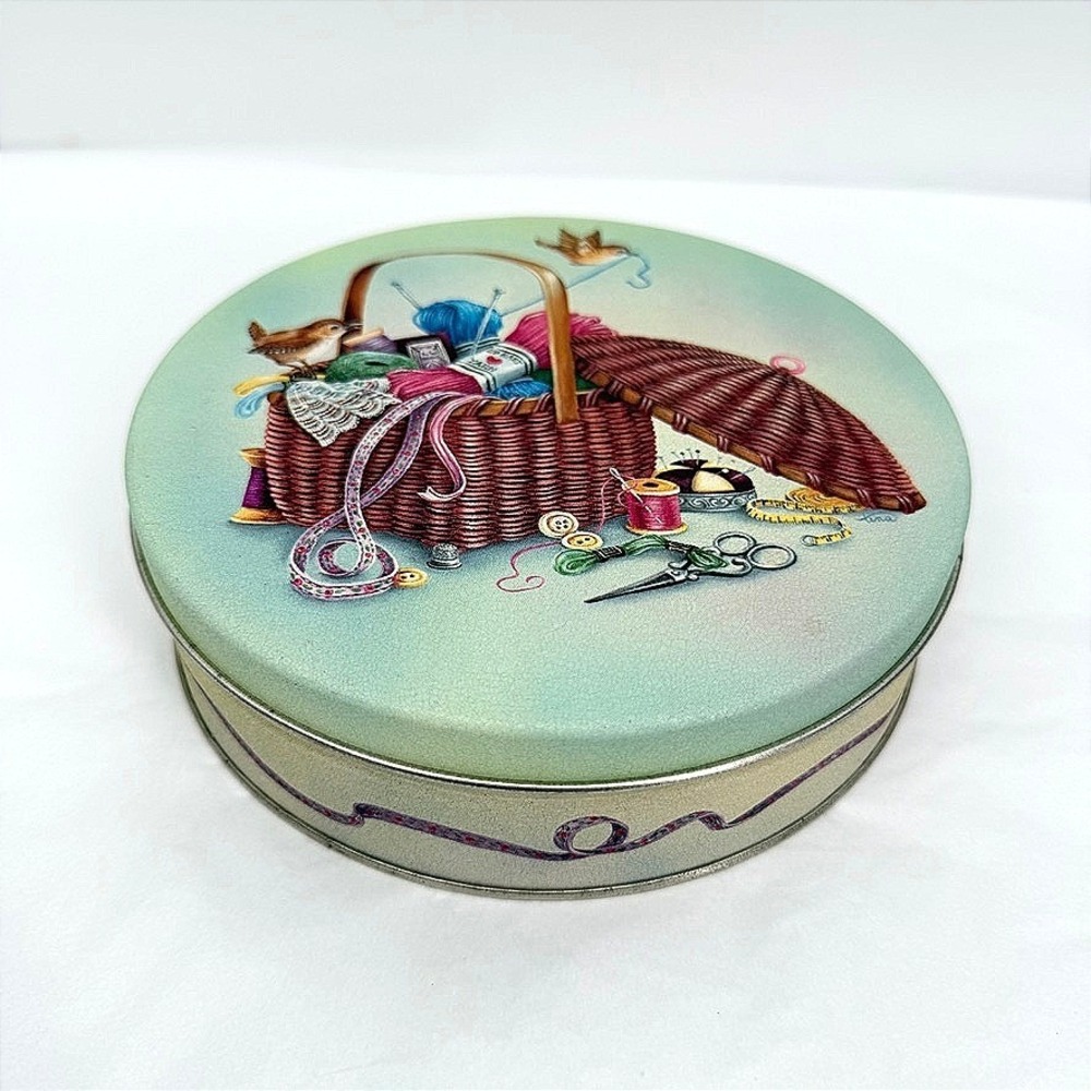Vintage Round Floral Metal Tin 6.5" Decorative Storage Sewing Notions Trinket